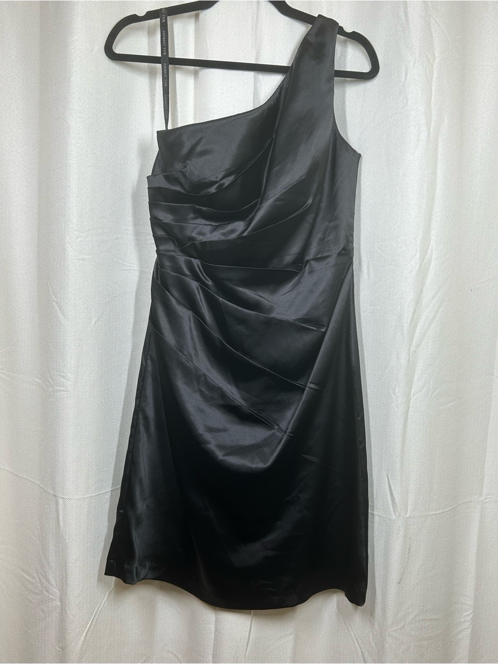Bill Levkoff Formal One Shoulder Black Dress Mini Ruching Size 10 Satin